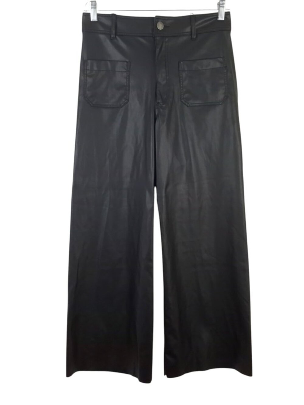ZARA Black Faux Leather Wide Leg Ankle Crop Pants sz 8 Patch Pockets Unhemmed